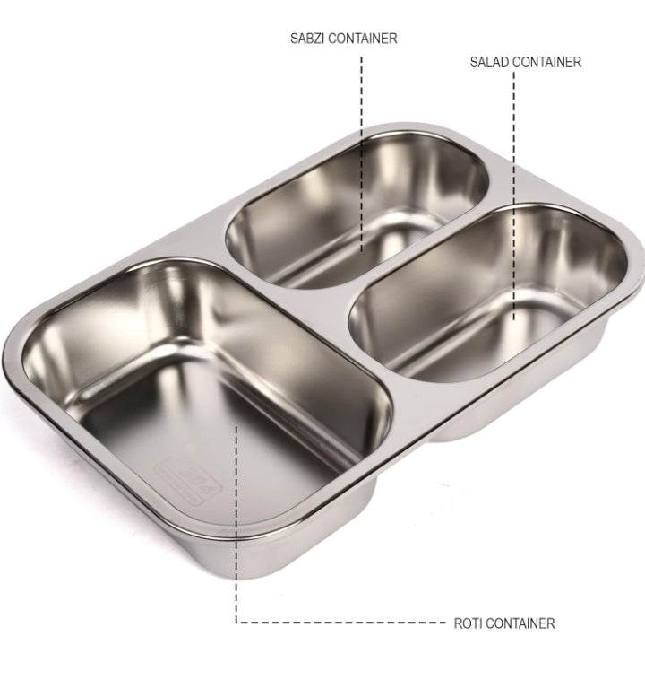 T-Rex the toyland Sitamarhi stainless steel 3 compartment lunch box with separate containers for sabzi salad and roti