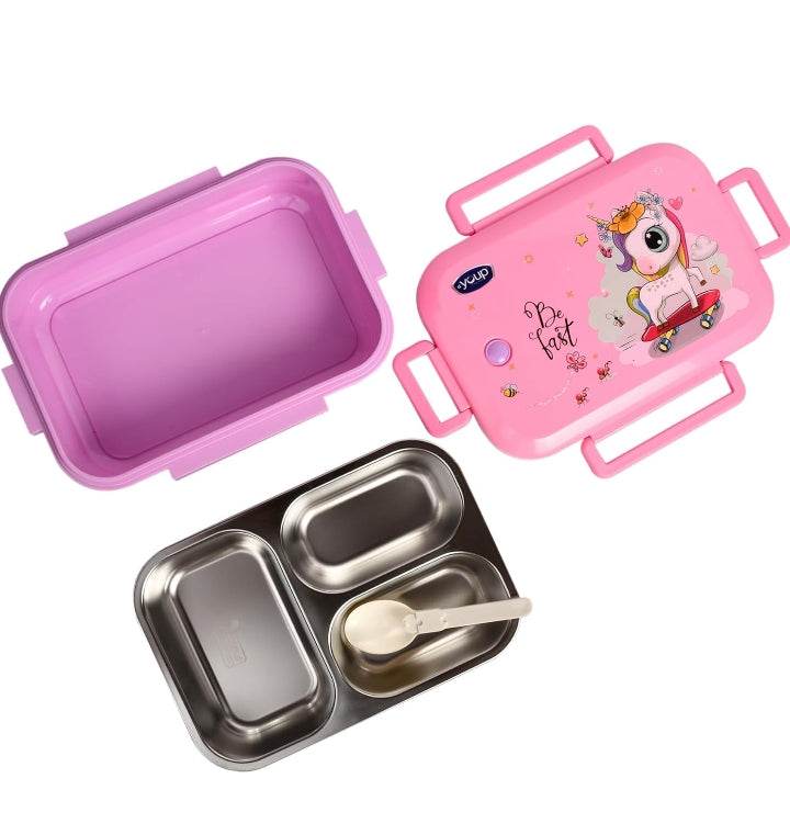 Pink 3 compartment lunch box with stainless steel inner tray and a cute unicorn design