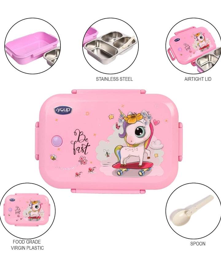 Pink 3 compartment lunch box with unicorn design, stainless steel trays, airtight lid, and included spoon
