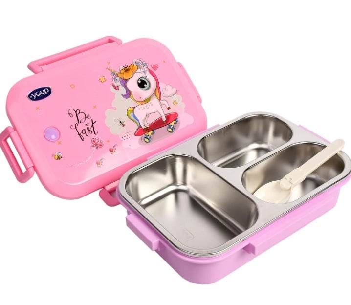 Pink 3 compartment lunch box with stainless steel inserts and unicorn design lid
