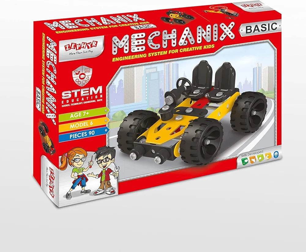 Mechanix building set for kids STEM educational toy model with 90 pieces and yellow race car design