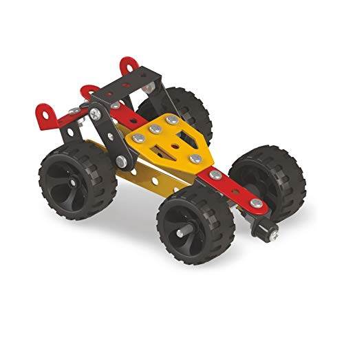 Mechanix building set for kids assembled into a colorful toy car with black wheels and red and yellow parts