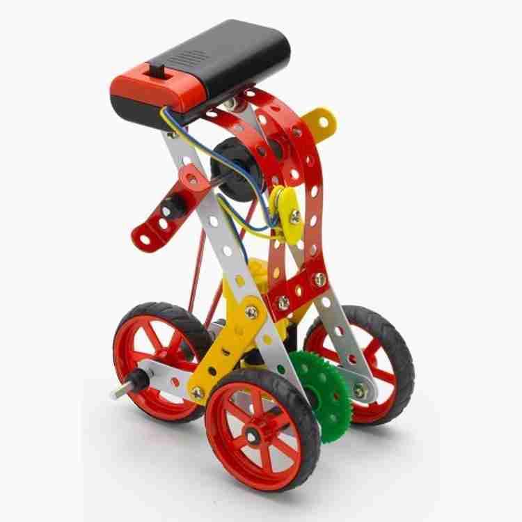 Mechanix Robotix-1 toy for kids metal building set assembled into a red and yellow wheeled robot model
