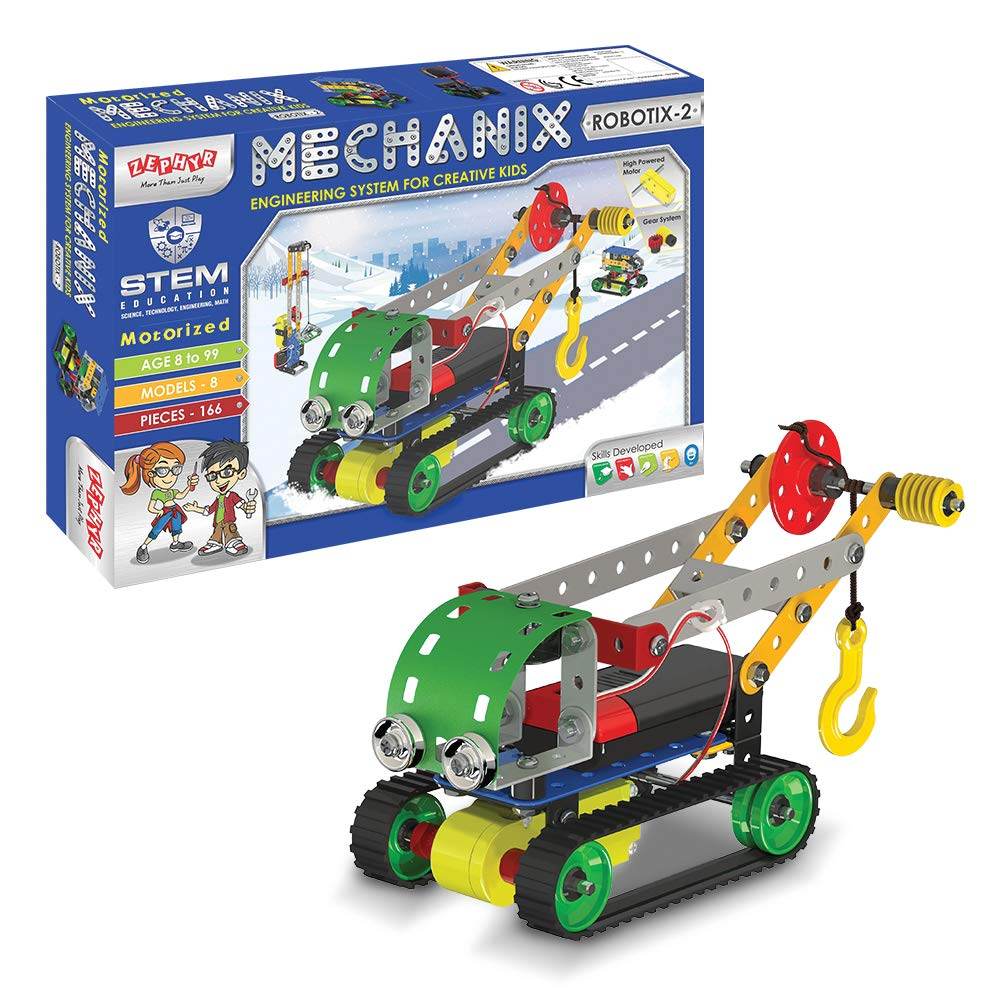 Robot construction kit for children with motorized crane and colorful metal parts for STEM learning