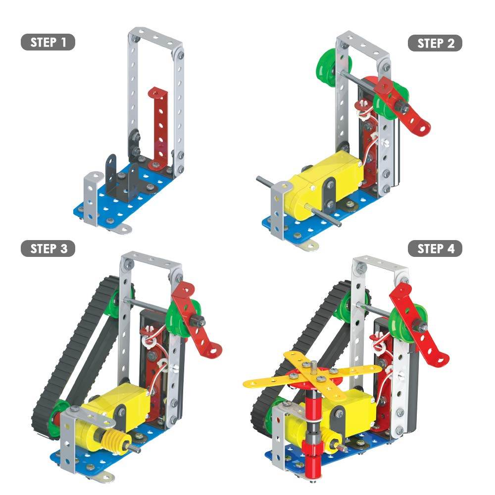 Step-by-step assembly of a robot construction kit for children with colorful metal parts and gears