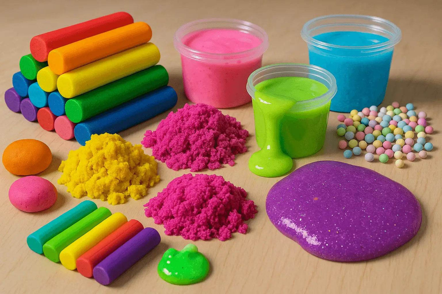 Colorful clay sand slime toys including modeling clay sticks, kinetic sand piles, and slime in various vibrant colors