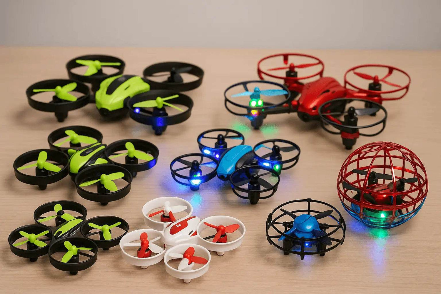 Collection of colorful toy drones for kids including small quadcopters and mini drones with LED lights on a wooden surface