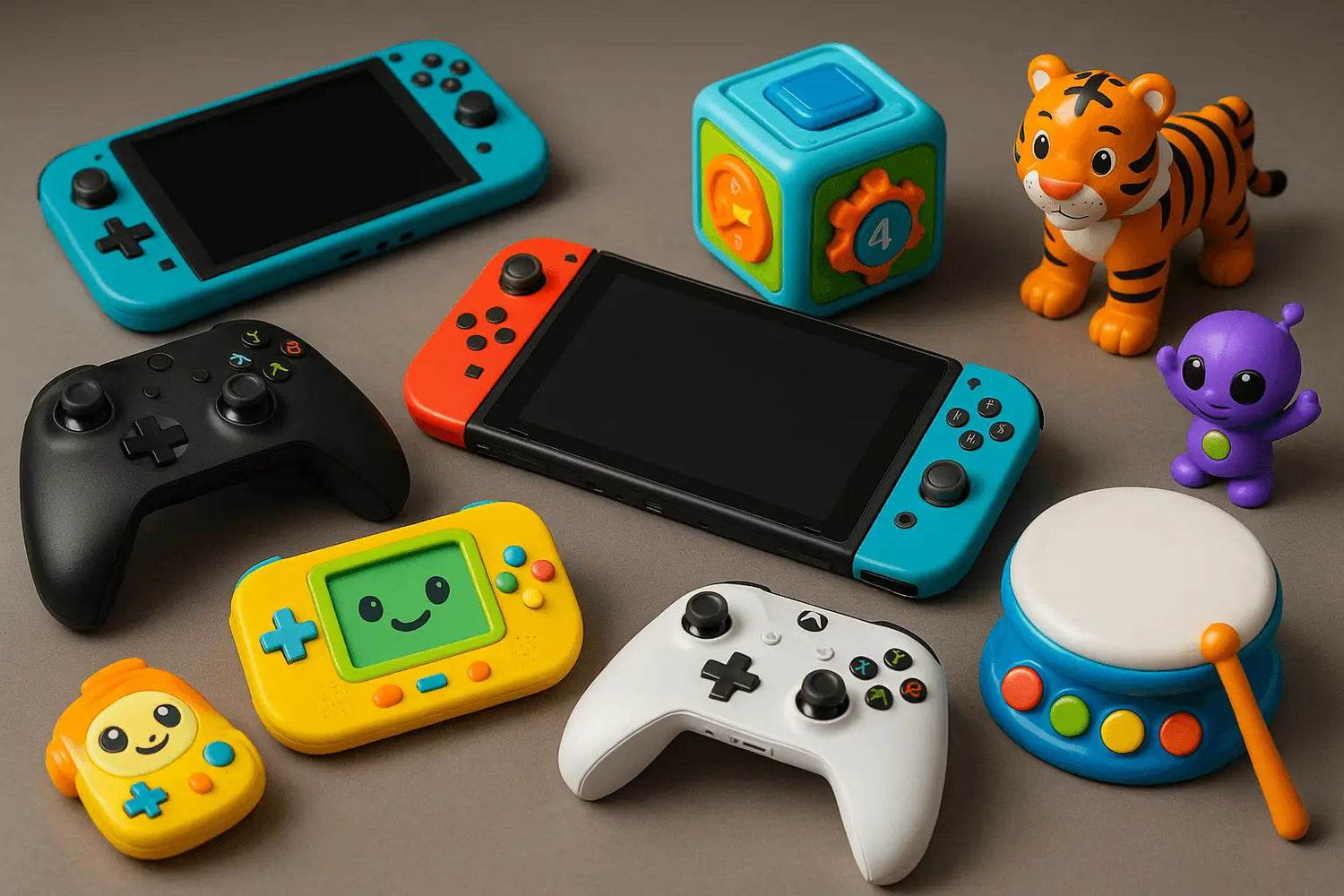 Video games for kids collection with handheld consoles, controllers, and interactive electronic gaming toys