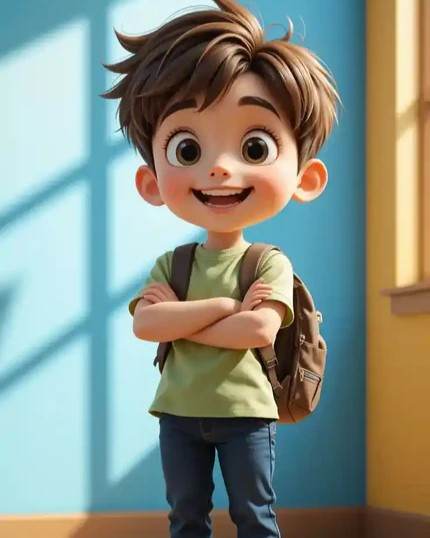 Animated happy young boy with backpack representing toys for 5 to 7 year olds collection