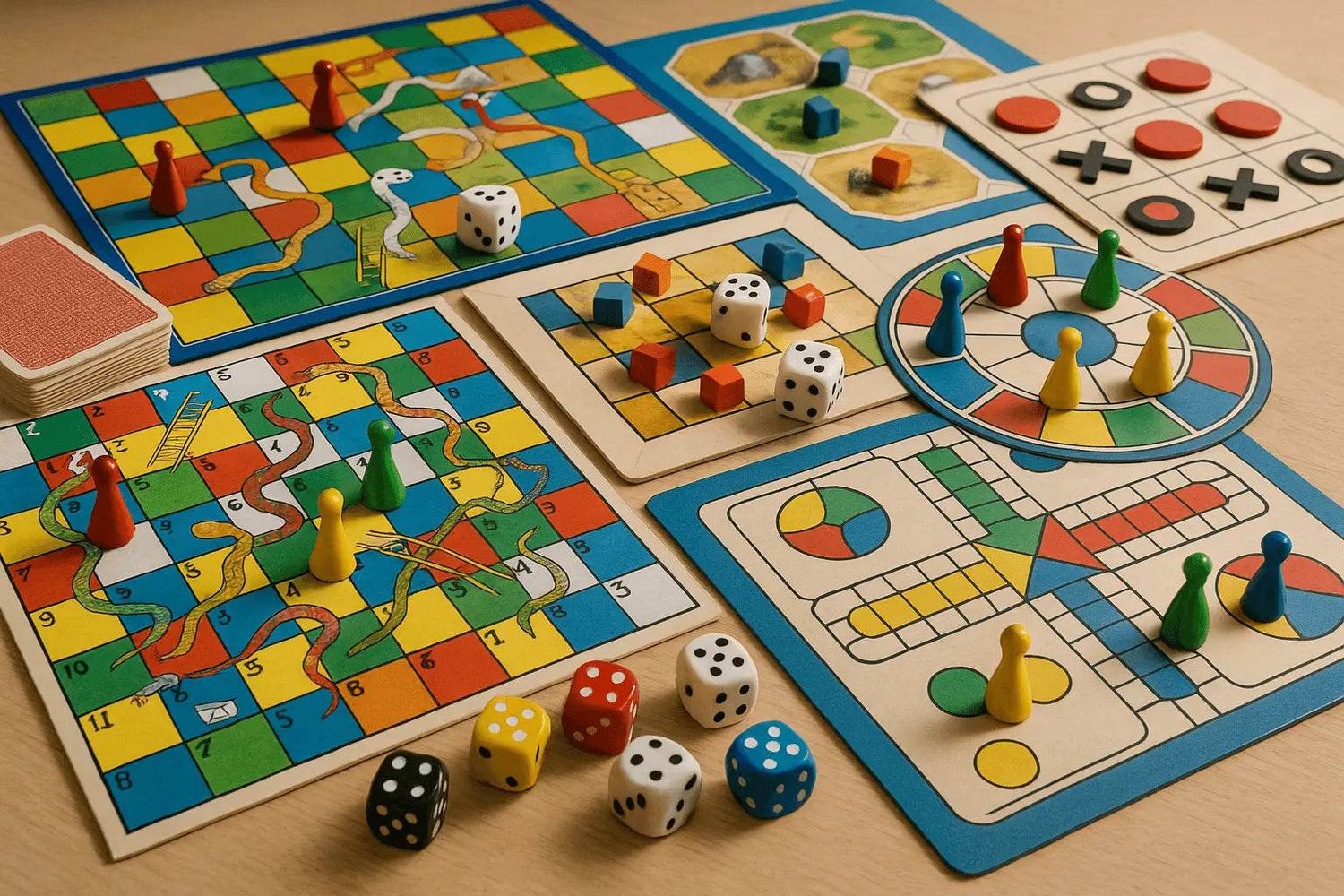 Family board games for kids featuring colorful game boards, dice, cards, and game pieces for fun and educational play