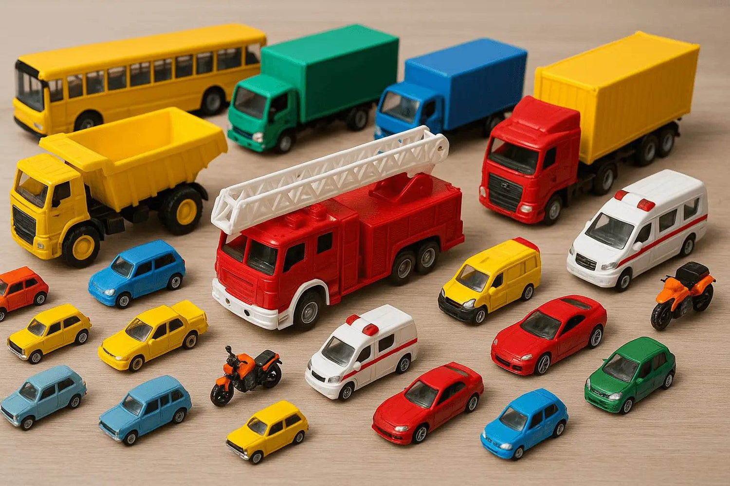Collection of colorful toy vehicles for kids including cars trucks buses and construction vehicles