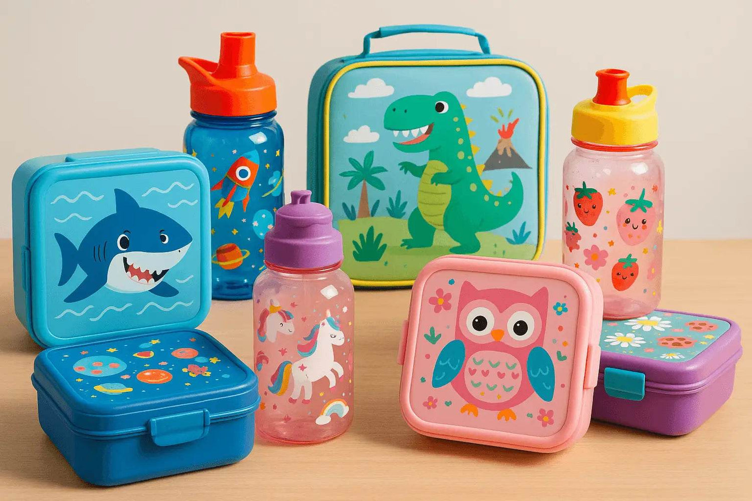 Colorful kids lunch box and water bottle set with dinosaur, shark, owl, and unicorn designs for school