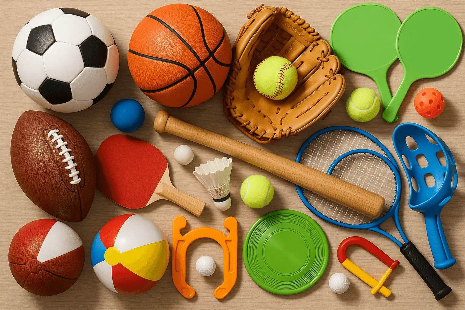 Sports toys for kids Sitamarhi featuring balls, bats, rackets, gloves, and active play accessories on a wooden surface