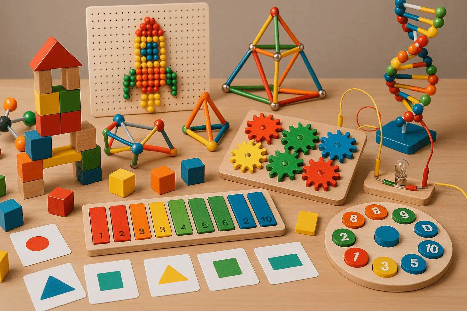 Creative educational toys including building blocks, STEM models, learning games, and science kits for children