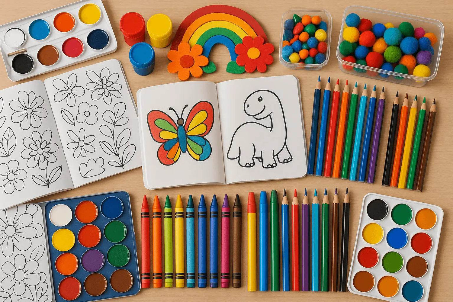 Art and craft kits for kids with coloring books, crayons, markers, paint sets, and colorful creative materials