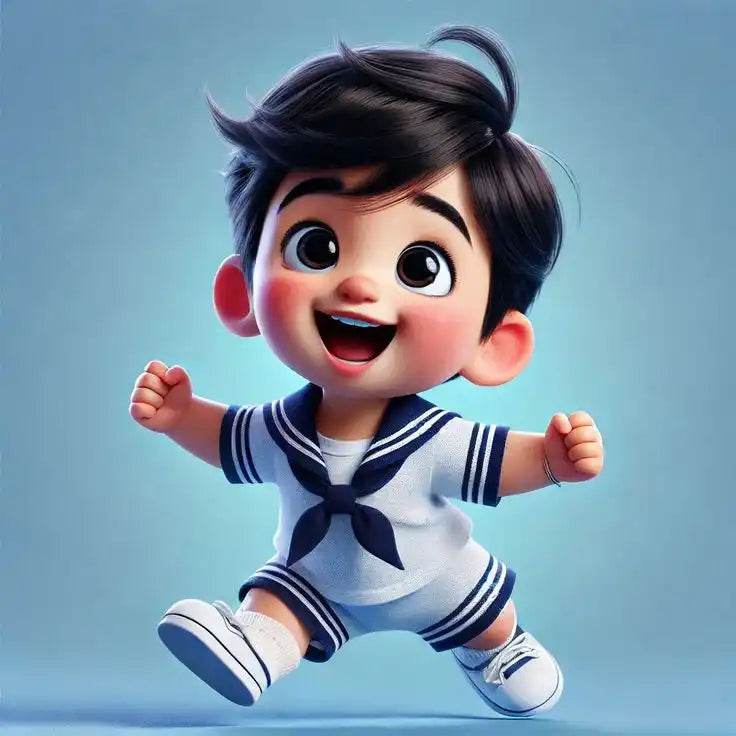 Happy animated toddler playing representing toys for 1 to 3 year olds collection with safe and developmental play items