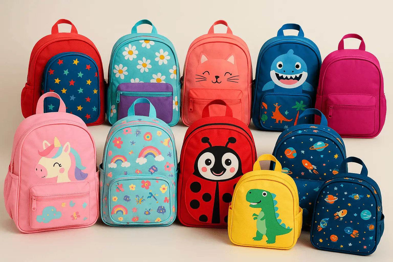 Colorful collection of cute backpacks for children with fun cartoon designs including animals and space patterns