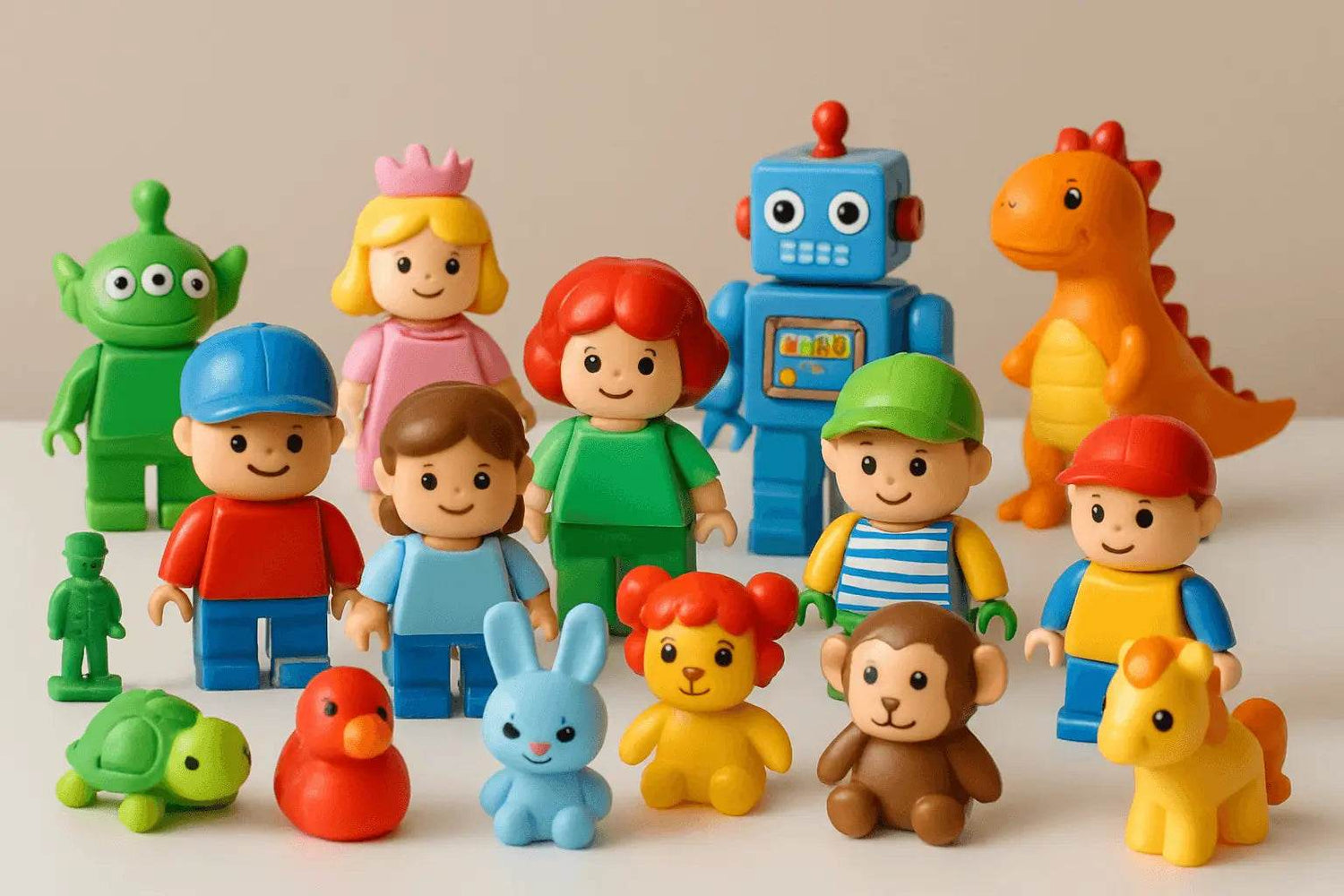 Colorful action figures for kids including superheroes, animals, and robots for imaginative play