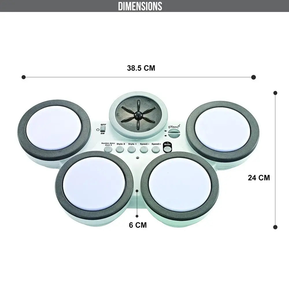 Electronic drum set with dimensions labeled on a white background