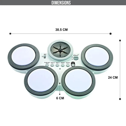 Electronic drum set with dimensions labeled on a white background