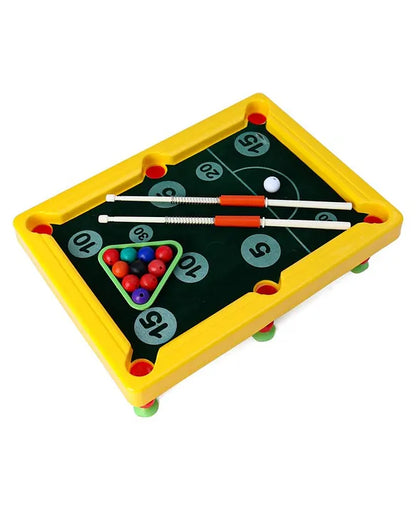 Toy pool table with balls and cues on a white background