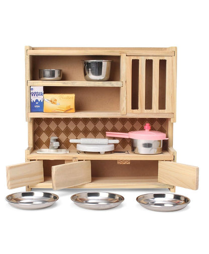 Wooden play kitchen set with metallic pots and pans on a white background