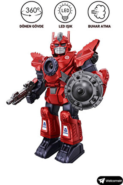 Red robot toy with features indicated by icons on a white background