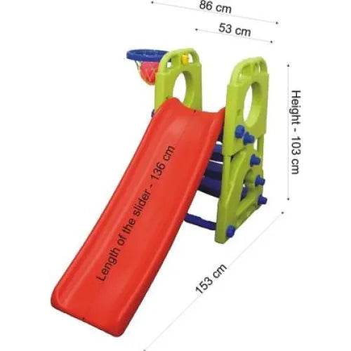 2 in 1 kids slide with basketball hoop in red and green plastic with climbing steps