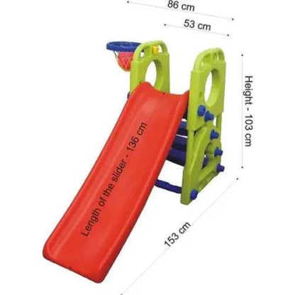 2 in 1 kids slide with basketball hoop in red and green plastic with climbing steps