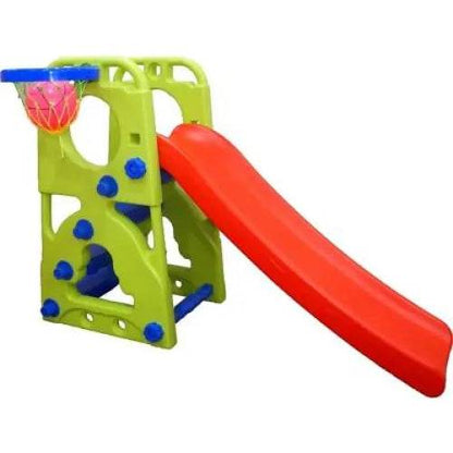 Bright green and red 2 in 1 kids slide with basketball hoop for outdoor play