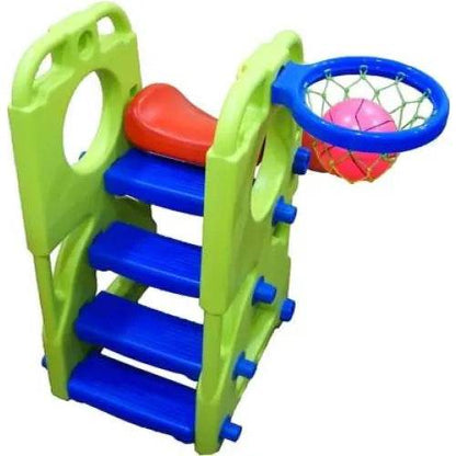 2 in 1 kids slide with basketball hoop in green and blue plastic featuring red slide and pink ball