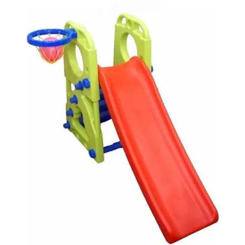 2 in 1 kids slide with basketball hoop in bright red and green plastic for indoor and outdoor play