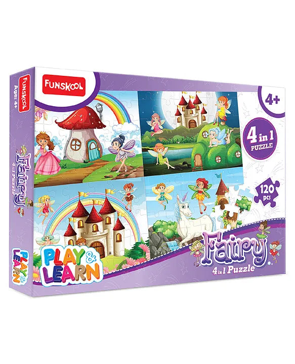 Play & Learn Funskool Fairy 4 in 1 Puzzle Game for Kids, 120 Pieces, Encourages Learning & Development, Fun Activity for Preschoolers, Multicolor, Set for Kid, Age 4+ Years