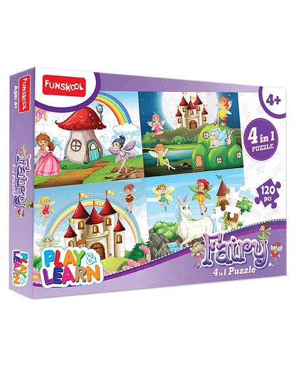 Play & Learn Funskool Fairy 4 in 1 Puzzle Game for Kids, 120 Pieces, Encourages Learning & Development, Fun Activity for Preschoolers, Multicolor, Set for Kid, Age 4+ Years