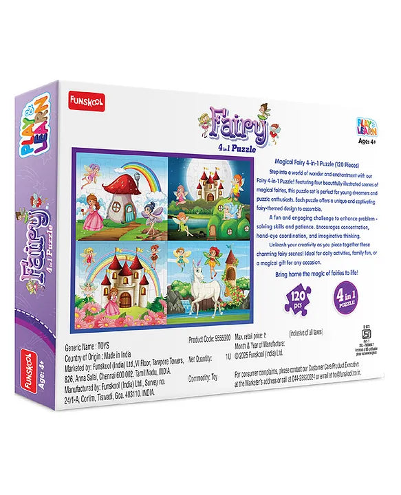 Play & Learn Funskool Fairy 4 in 1 Puzzle Game for Kids, 120 Pieces, Encourages Learning & Development, Fun Activity for Preschoolers, Multicolor, Set for Kid, Age 4+ Years