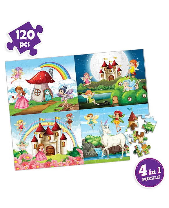 Play & Learn Funskool Fairy 4 in 1 Puzzle Game for Kids, 120 Pieces, Encourages Learning & Development, Fun Activity for Preschoolers, Multicolor, Set for Kid, Age 4+ Years