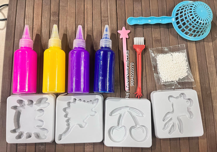 Colorful 3D printer fidget toys crafting kit with vibrant glue bottles and silicone molds for kids