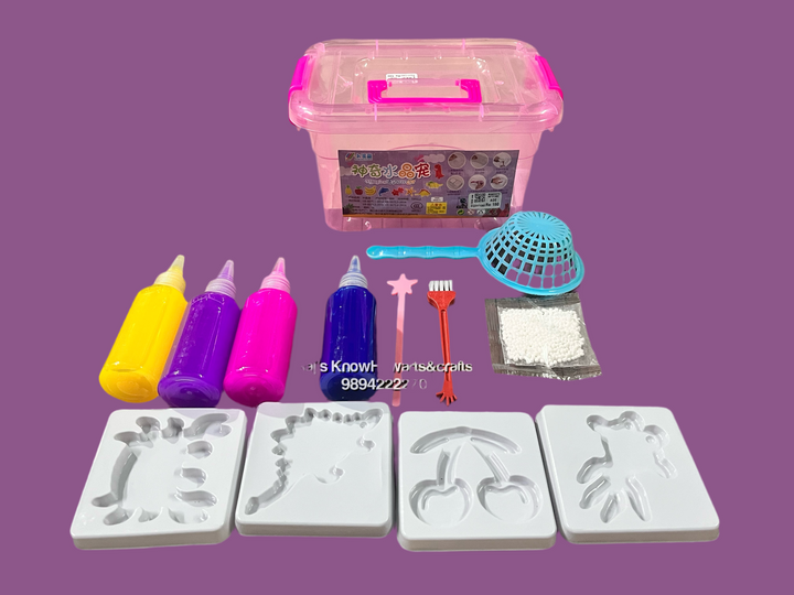 Colorful 3D printer fidget toys kit with molds, glue, and tools in a pink storage container