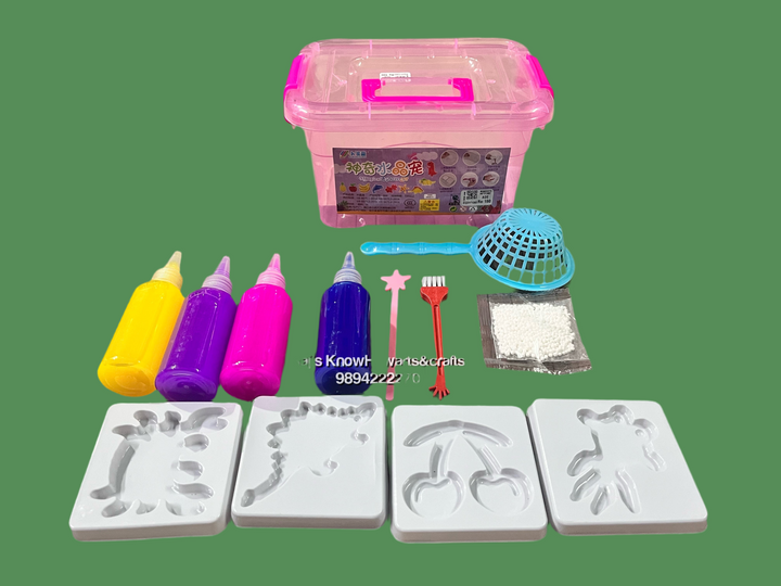 Brightly colored 3D printer fidget toys kit with molds, glitter, and liquid paints in a pink storage box