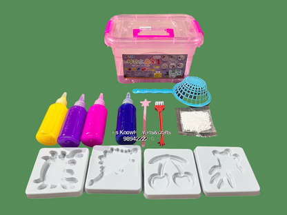 Brightly colored 3D printer fidget toys kit with molds, glitter, and liquid paints in a pink storage box