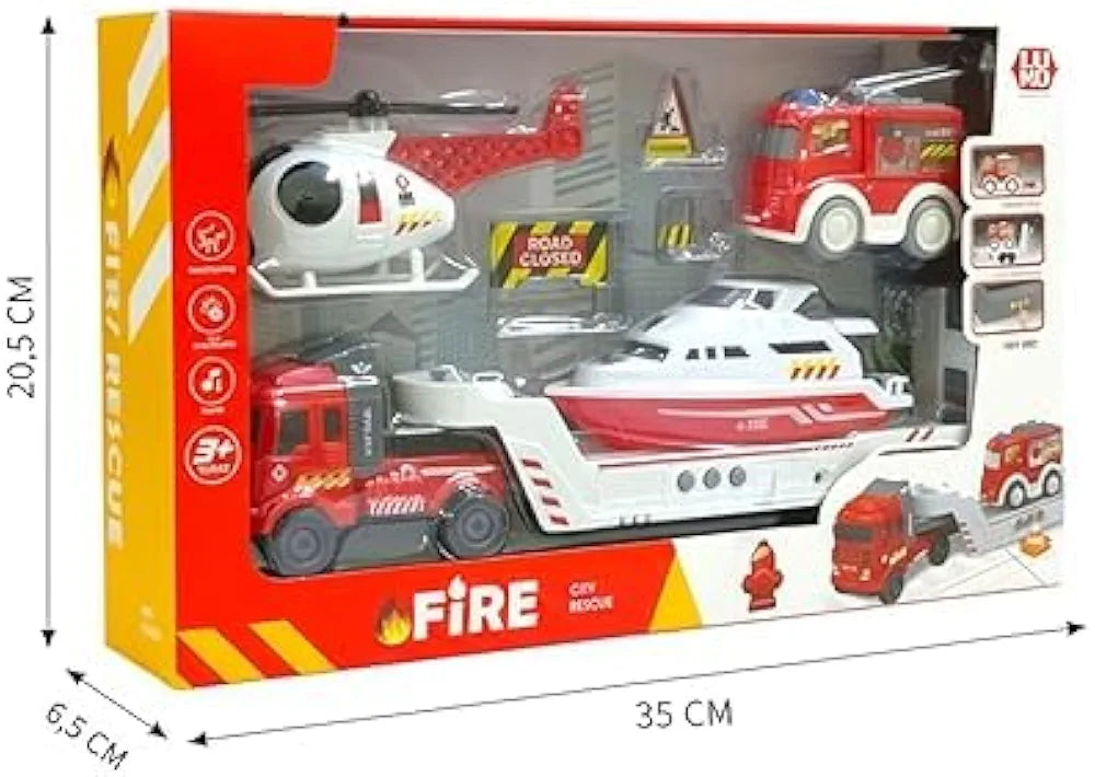 Fire Rescue Transporter Playset with Fire Truck, Fire Boat & Helicopter, Sound, Pull-Back Vehicles, City Fire Emergency Toy Set for Kids, Role-Play Toy for Children (City Rescue)