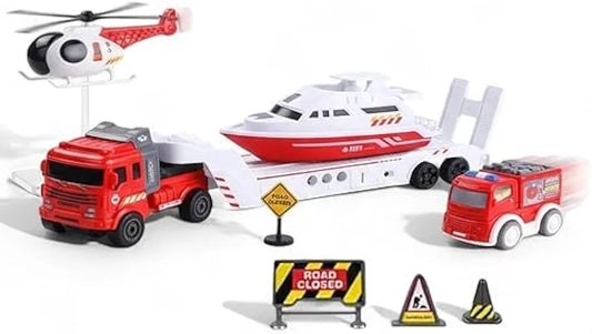 Fire Rescue Transporter Playset with Fire Truck, Fire Boat & Helicopter, Sound, Pull-Back Vehicles, City Fire Emergency Toy Set for Kids, Role-Play Toy for Children (City Rescue)
