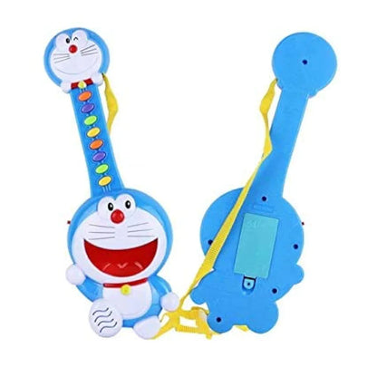Toy guitar with cartoon character on a white background