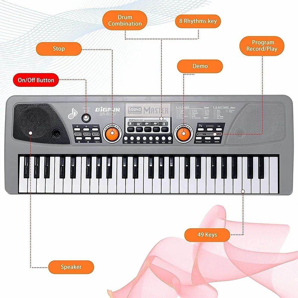 49 key electronic keyboard for kids with drum combination, rhythm keys, demo, record play, and speaker