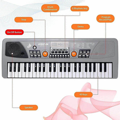 49 key electronic keyboard for kids with drum combination, rhythm keys, demo, record play, and speaker
