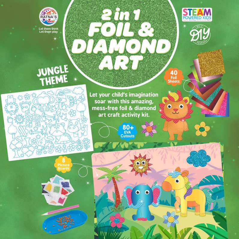 Jungle-themed foil and diamond art craft kit with colorful illustrations 
