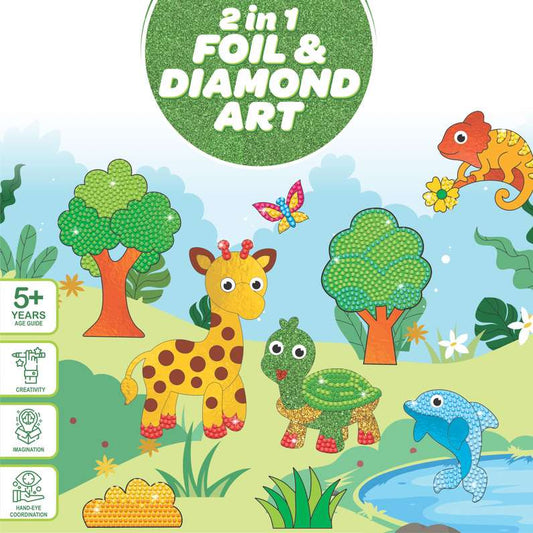 Packaging for 2-in-1 foil and diamond art kit with animals 