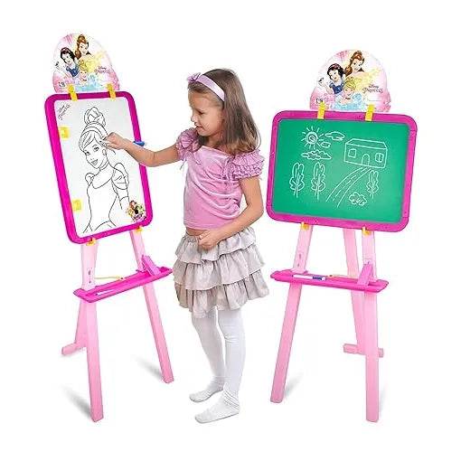 Pink 5 in 1 activity easel for children with chalkboard and whiteboard surfaces