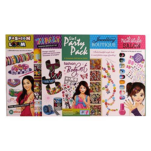 Ekta 5 in 1 party gift set for girls including fashion loom, bracelet kit, body art, jewelry boutique, and nail salon