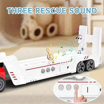 Fire Rescue Transporter Playset with Fire Truck, Fire Boat & Helicopter, Sound, Pull-Back Vehicles, City Fire Emergency Toy Set for Kids, Role-Play Toy for Children (City Rescue)